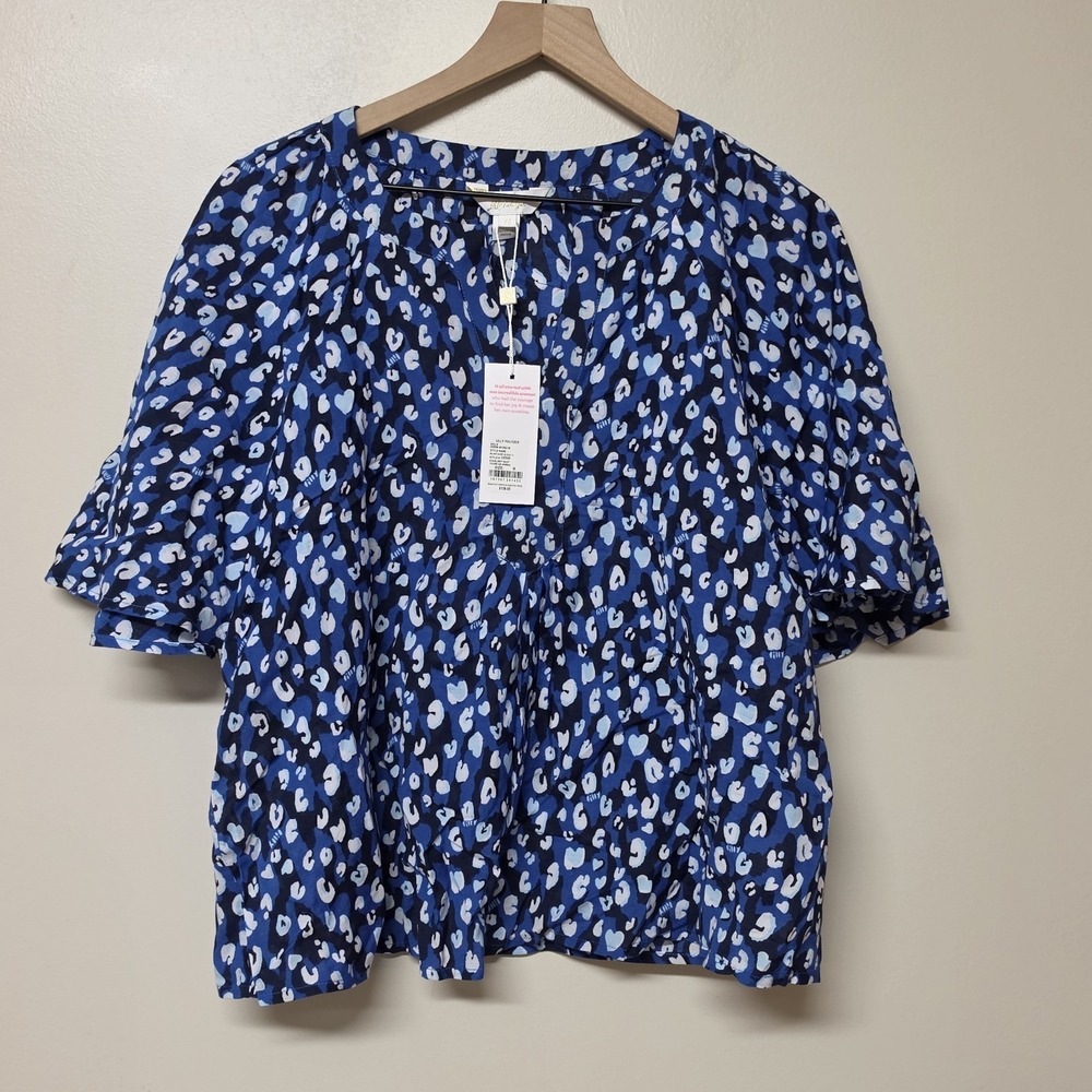 Lilly Pulitzer Wilmer Top M NWT Blue Animal Print Flutter Sleeve Blouse Shirt